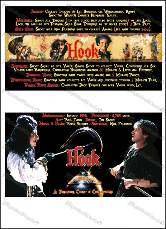 Instrucciones de las tarjetas del juego Data East Hook 1992 Pinball versión 3 - Tarjetas de pinball personalizadas con impresión personalizada
