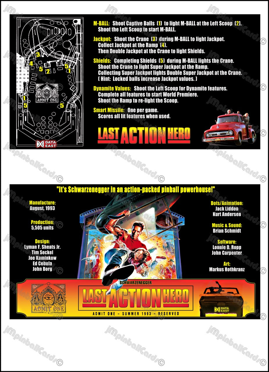 Instrucciones de las tarjetas del juego Data East Last Action Hero 1993 Pinball versión 3 - Tarjetas de pinball personalizadas con impresión personalizada