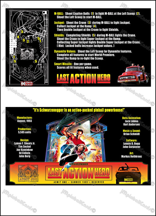 Instrucciones de las tarjetas del juego Data East Last Action Hero 1993 Pinball versión 3 - Tarjetas de pinball personalizadas con impresión personalizada