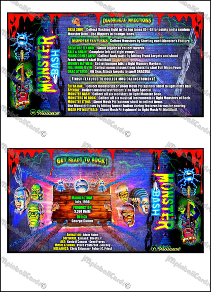 Williams Monster Bash 1998 Game Cards Instructions Pinball Custom Apron Printed Rules V3
