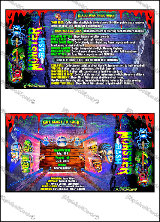 Instrucciones de las tarjetas del juego Williams Monster Bash 1998, delantal personalizado de pinball, reglas impresas V3