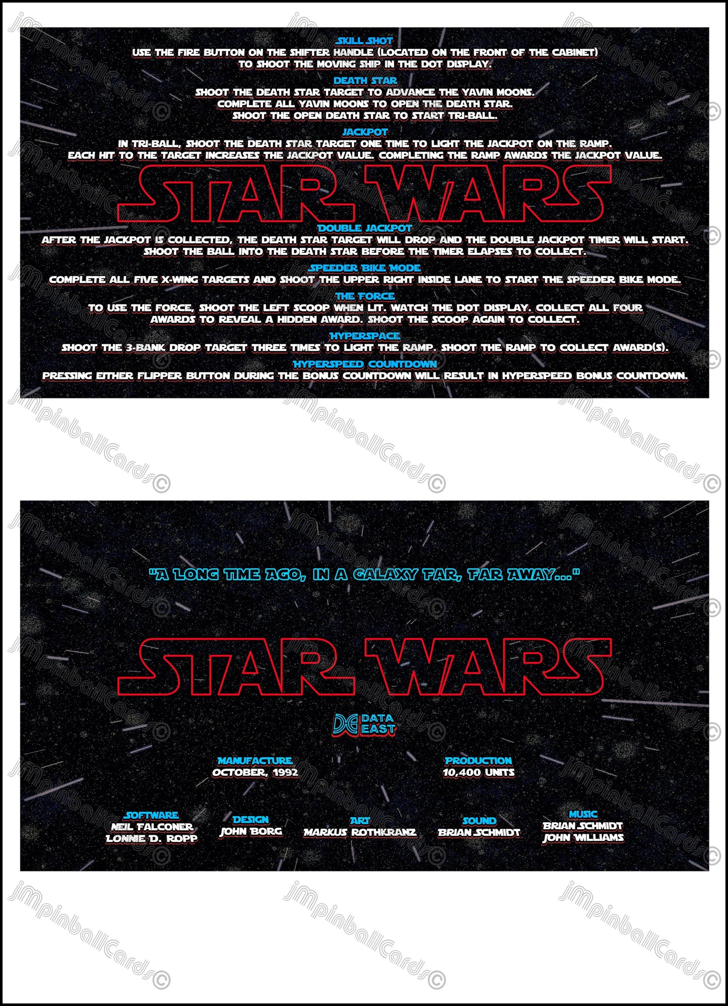 Instrucciones de las tarjetas del juego Data East Star Wars 1992 Pinball versión 4 - Tarjetas de delantal de pinball impresas personalizadas