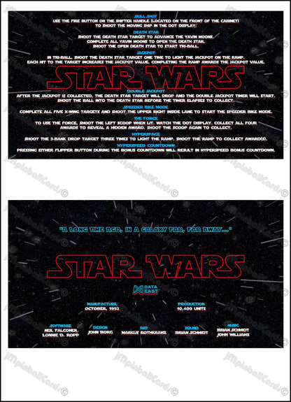 Data East Star Wars 1992 Game Cards Instructions Pinball Custom Apron Printed Rules V4