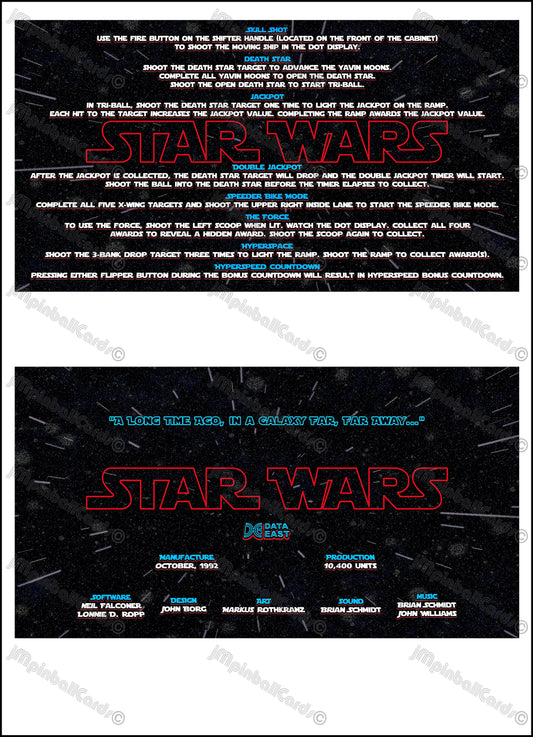 Instrucciones de las tarjetas del juego Data East Star Wars 1992 Pinball versión 4 - Tarjetas de delantal de pinball impresas personalizadas