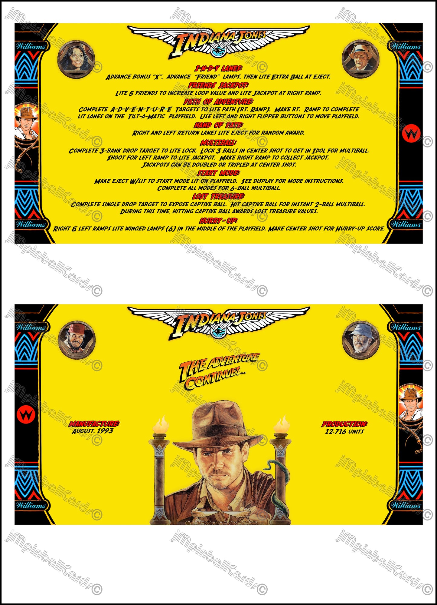Instrucciones de las tarjetas del juego Williams Indiana Jones 1993, delantal personalizado de pinball, reglas impresas V4