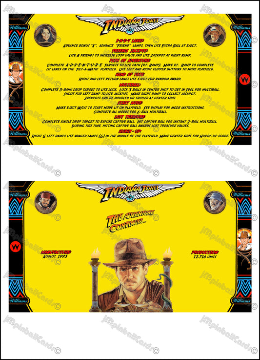 Instrucciones de las tarjetas del juego Williams Indiana Jones 1993, delantal personalizado de pinball, reglas impresas V4