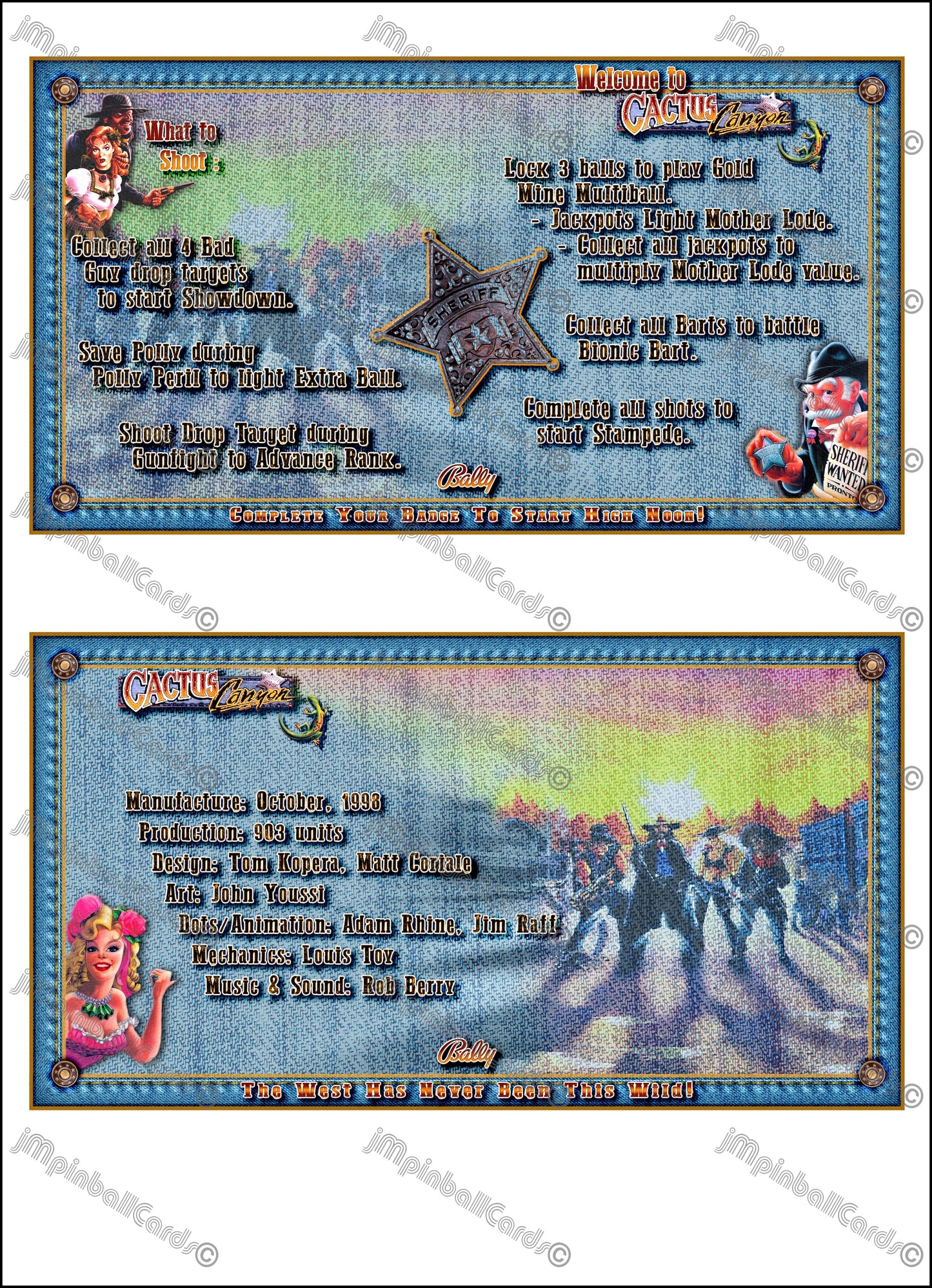 Instrucciones de tarjetas de juegos de pinball Bally Cactus Canyon 1998 - Tarjetas de pinball personalizadas con impresión personalizada