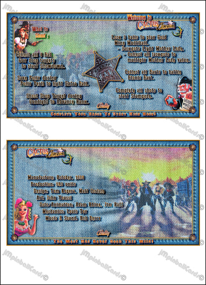 Bally Cactus Canyon 1998 Games Cards Instructions Pinball - Custom Printed Pinball Apron Cards