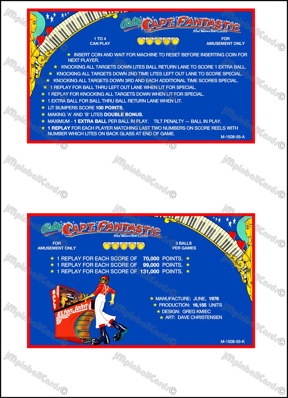 Bally Captain Fantastic 1976 Jeu Cartes Instructions Flipper Custom Apron règles imprimées