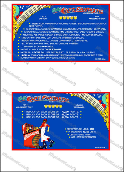 Bally Captain Fantastic 1976 Jeu Cartes Instructions Flipper Custom Apron règles imprimées