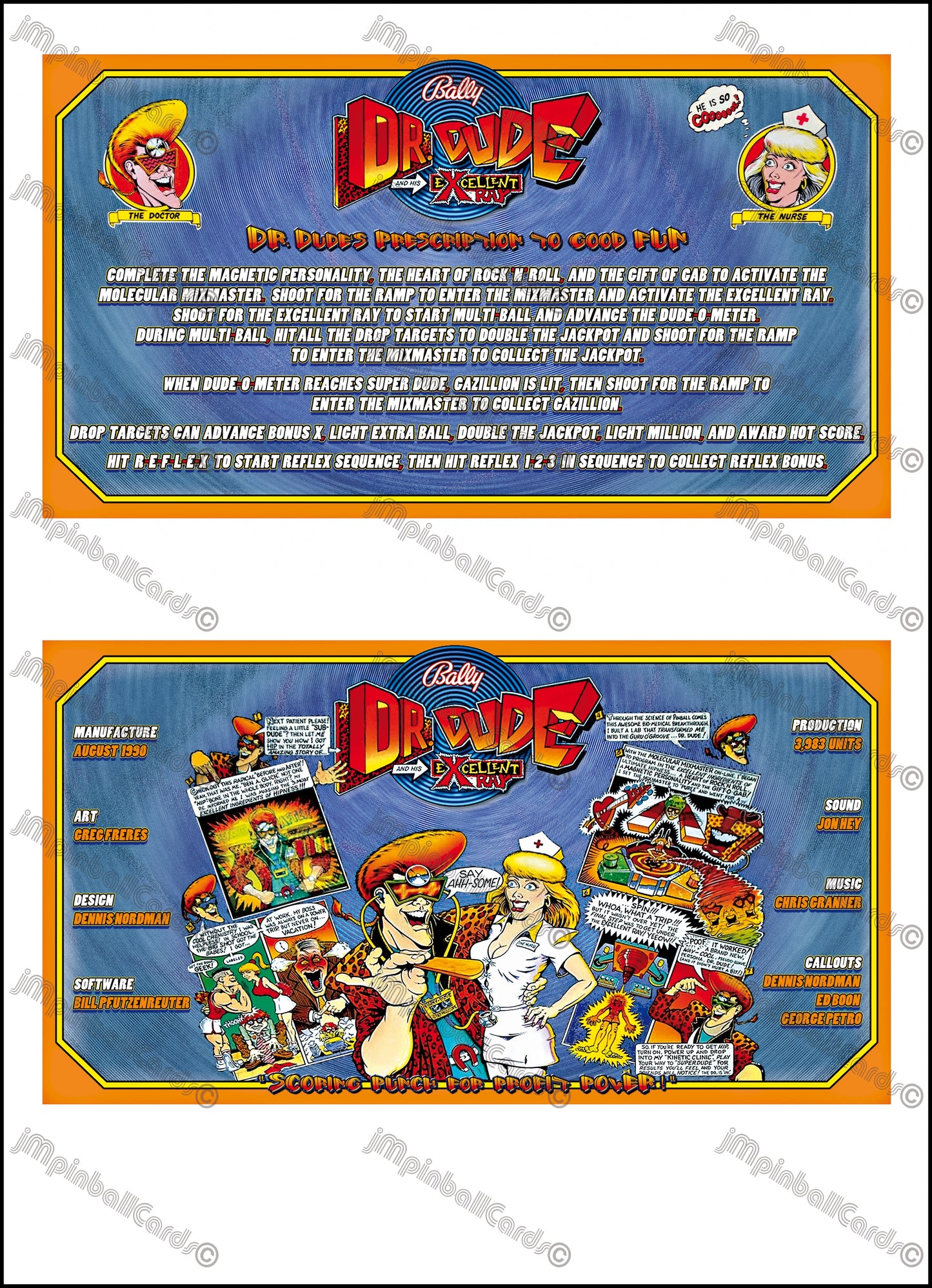 Bally Dr Dude 1990 Game Cards Instructions Pinball Machine Custom Apron Printed Rules