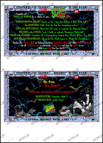 Bally Elvira Scared Stiff 1996 Game Cards Instructions Pinball Custom Apron Printed Rules V1