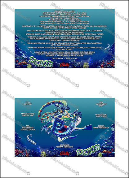 Instrucciones de las tarjetas de juego Bally FATHOM 1981 Delantal personalizado de pinball con reglas impresas