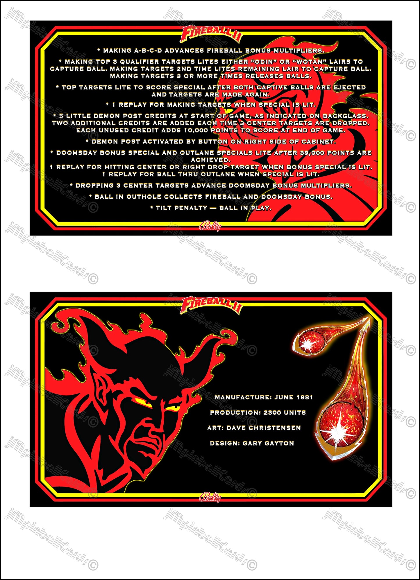 Bally Fireball II 1981 Jeu Cartes Instructions Flipper Custom Apron règles imprimées