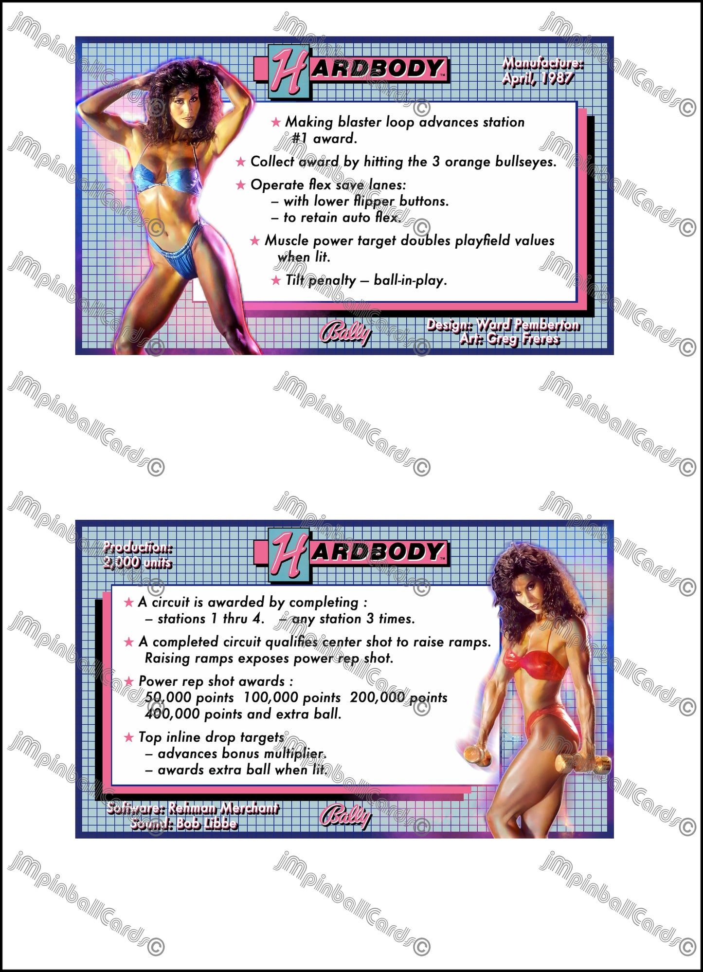 Bally Hardbody 1987 Game Cards Instructions Pinball Custom Apron printed rules