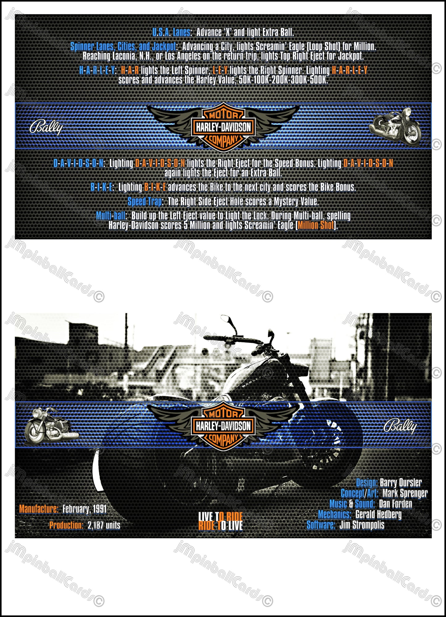 Bally Harley Davidson 1991 Jeu Cartes Instructions Flipper Custom Apron règles imprimées