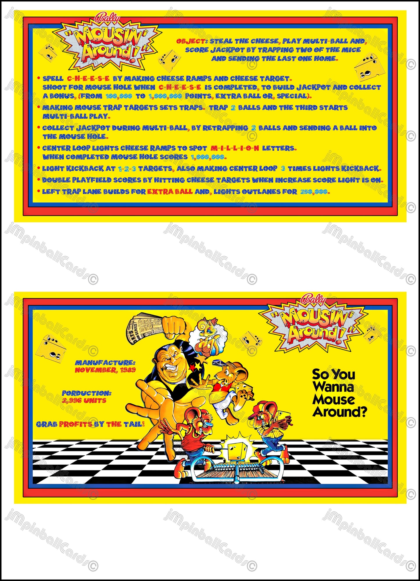 Instrucciones de tarjetas de juego Bally Mousin Around 1989, reglas impresas de delantal personalizado de pinball