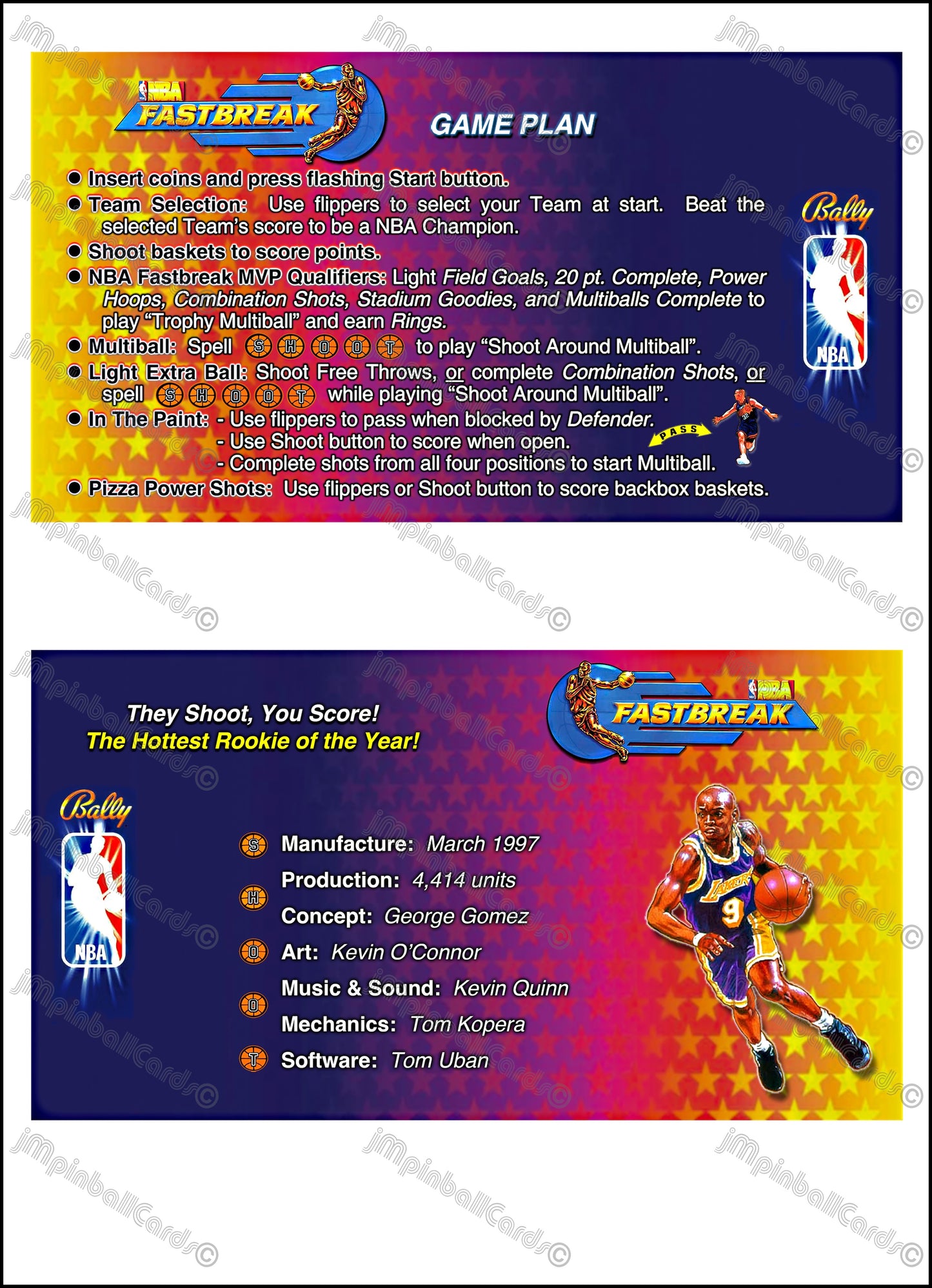 Bally NBA FASTBREAK 1997 Jeu Cartes Instructions Flipper Custom Apron règles imprimées V1