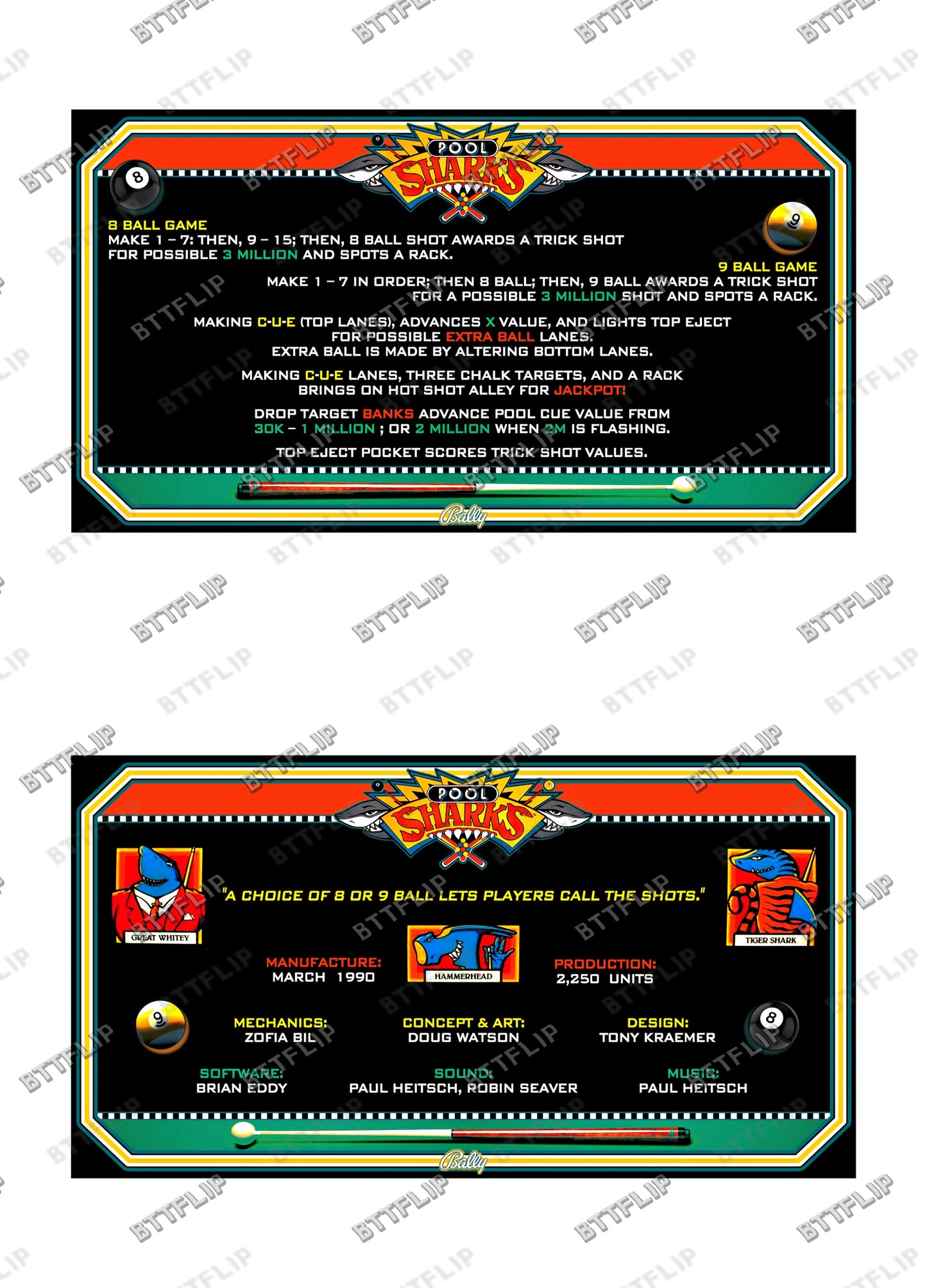 Bally POOL SHARKS 1990 Jeu Cartes Instructions Flipper Custom Apron règles imprimées
