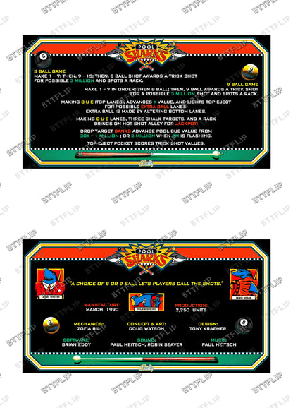 Bally POOL SHARKS 1990 Game Cards Instructions Pinball Custom Apron printed rules