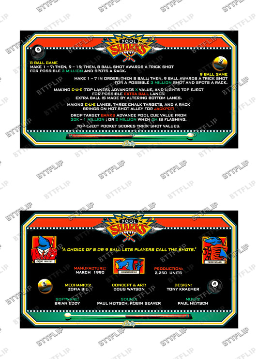 Bally POOL SHARKS 1990 Jeu Cartes Instructions Flipper Custom Apron règles imprimées