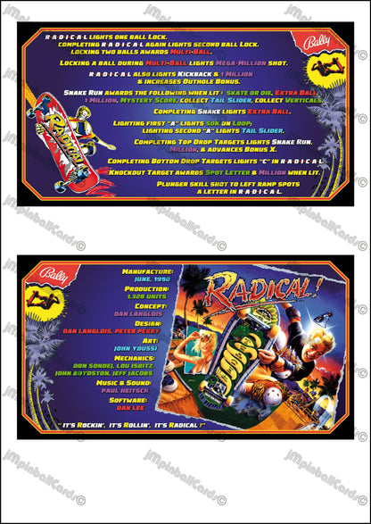 Bally Radical 1990 Game Cards Instructions Pinball Custom Apron Printed Rules