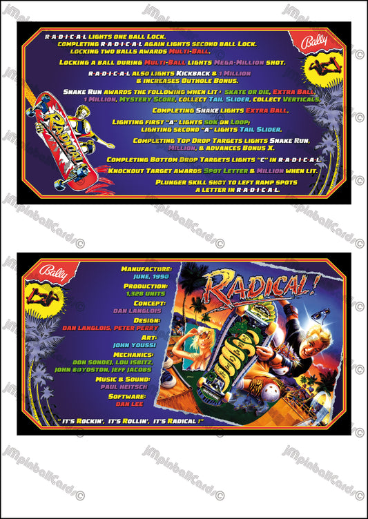 Bally Radical 1990 Jeu Cartes Instructions Flipper Custom Apron règles imprimées