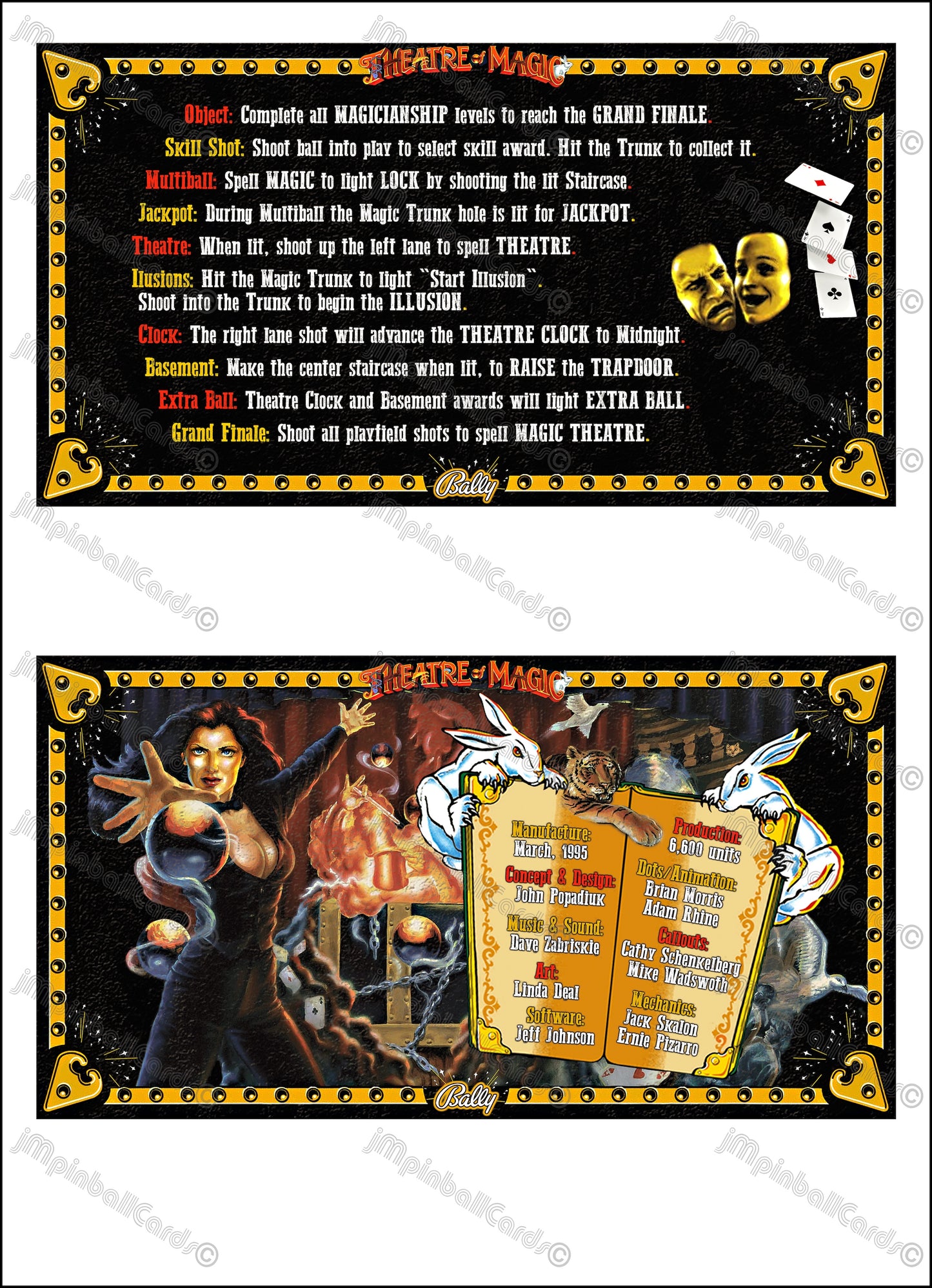 Instrucciones de las tarjetas del juego Bally Theatre of Magic de 1995, máquina de pinball, delantal personalizado, reglas impresas