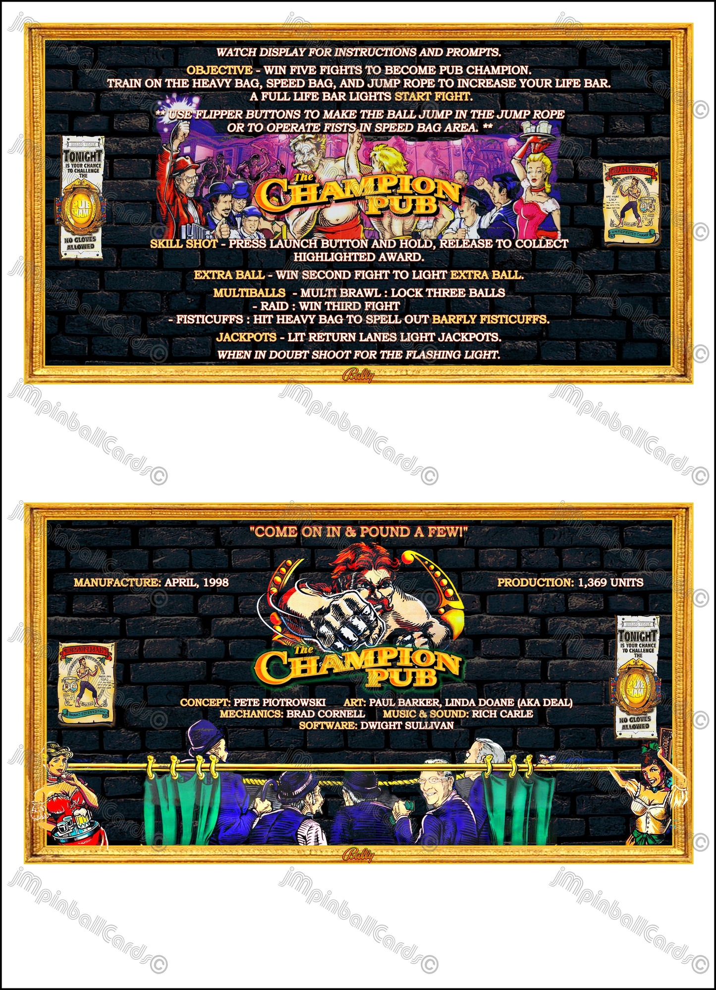 Bally The Champion Pub 1998 Jeu Cartes Instructions Flipper Custom Apron règles imprimées
