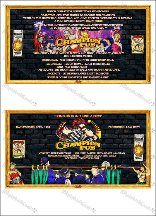 Bally The Champion Pub 1998 Jeu Cartes Instructions Flipper Custom Apron règles imprimées