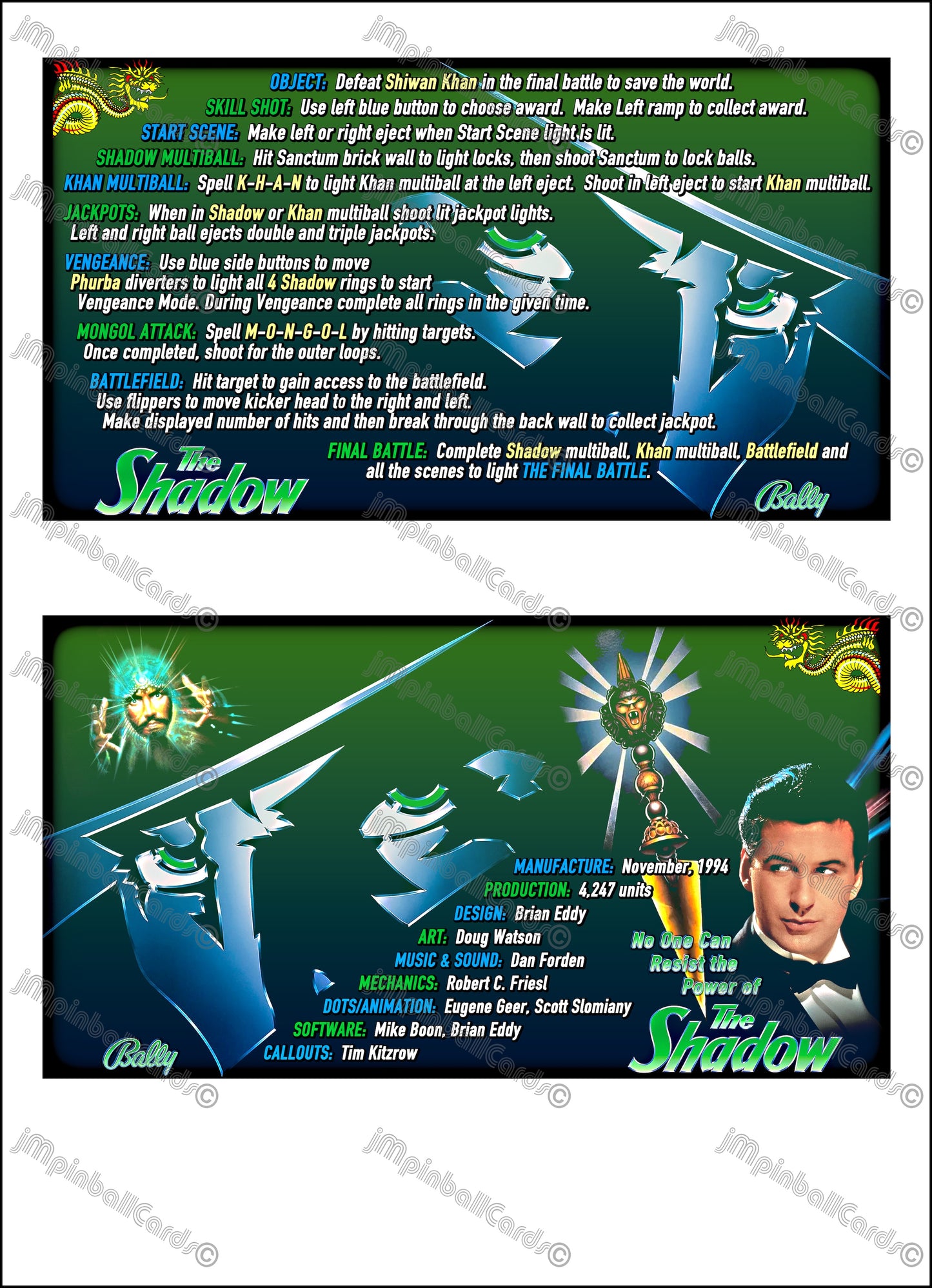 Bally The Shadow 1994 Jeu Cartes Instructions Flipper Custom Apron règles imprimées
