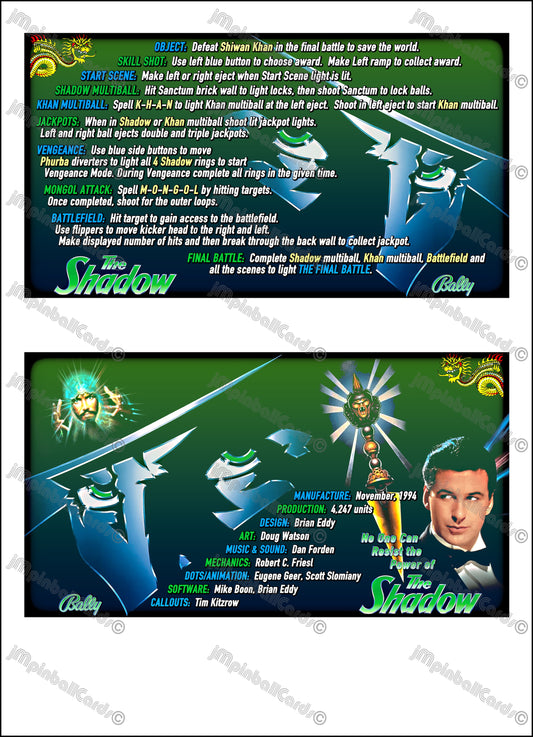 Bally The Shadow 1994 Jeu Cartes Instructions Flipper Custom Apron règles imprimées