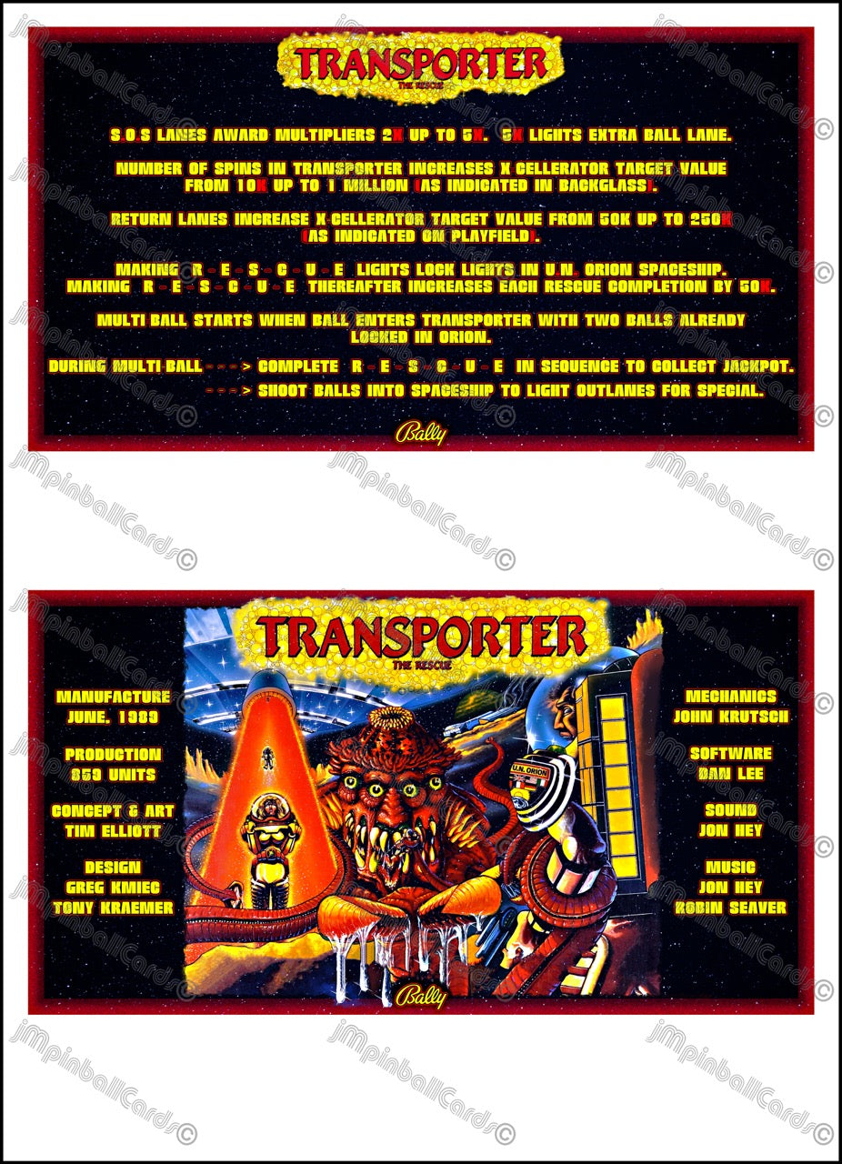 Bally Transporter The Rescue 1989 Jeu Cartes Instructions Flipper Custom Apron règles imprimées