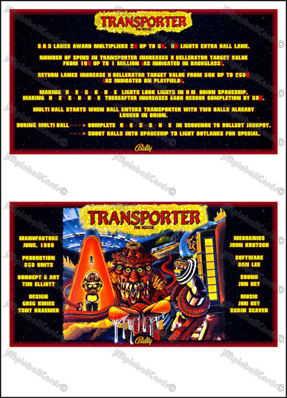 Instrucciones de las tarjetas del juego Bally Transporter The Rescue 1989, delantal personalizado de pinball, reglas impresas