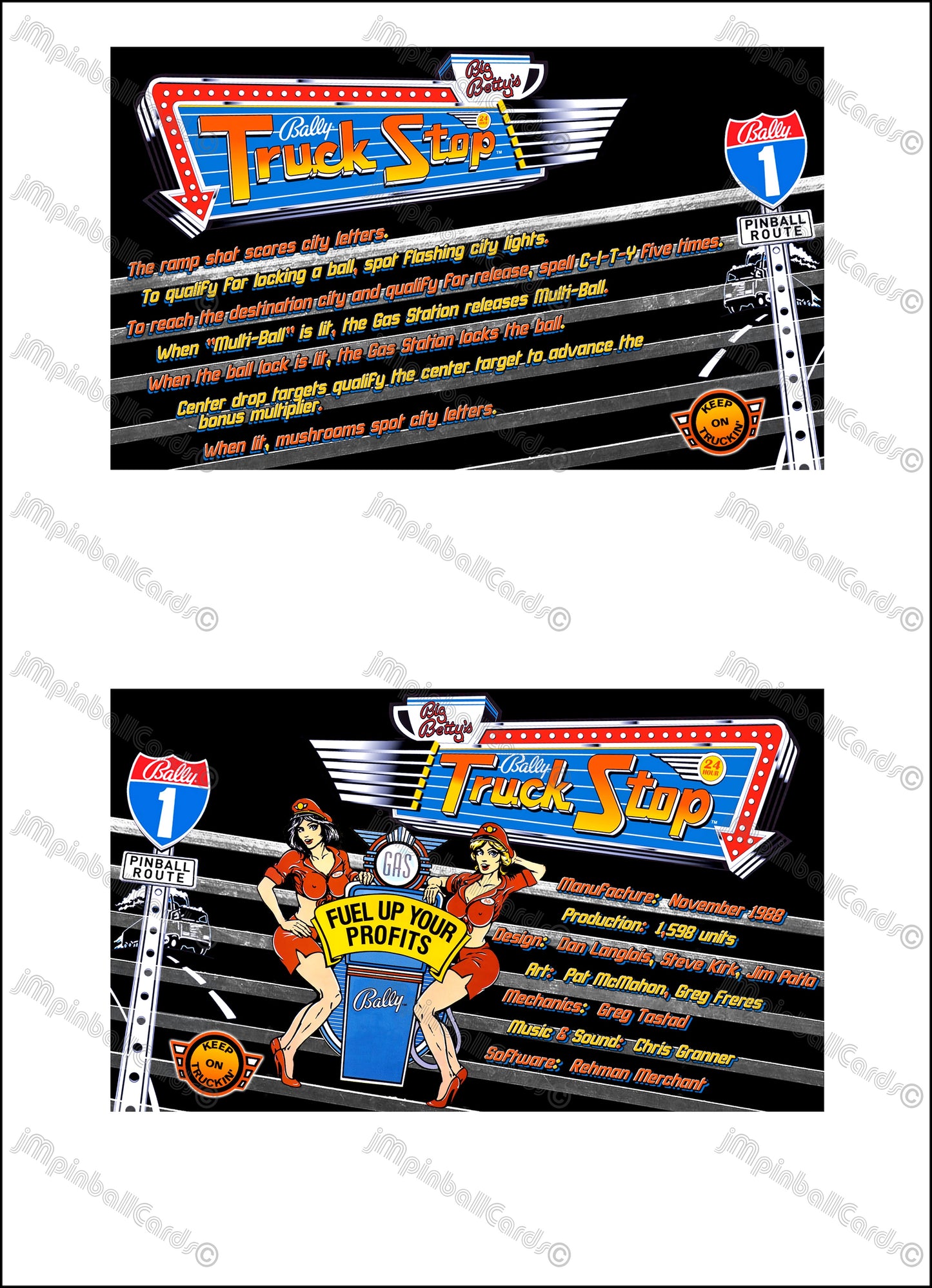 Instrucciones de las tarjetas del juego Bally Truck Stop 1988, delantal personalizado de pinball, reglas impresas