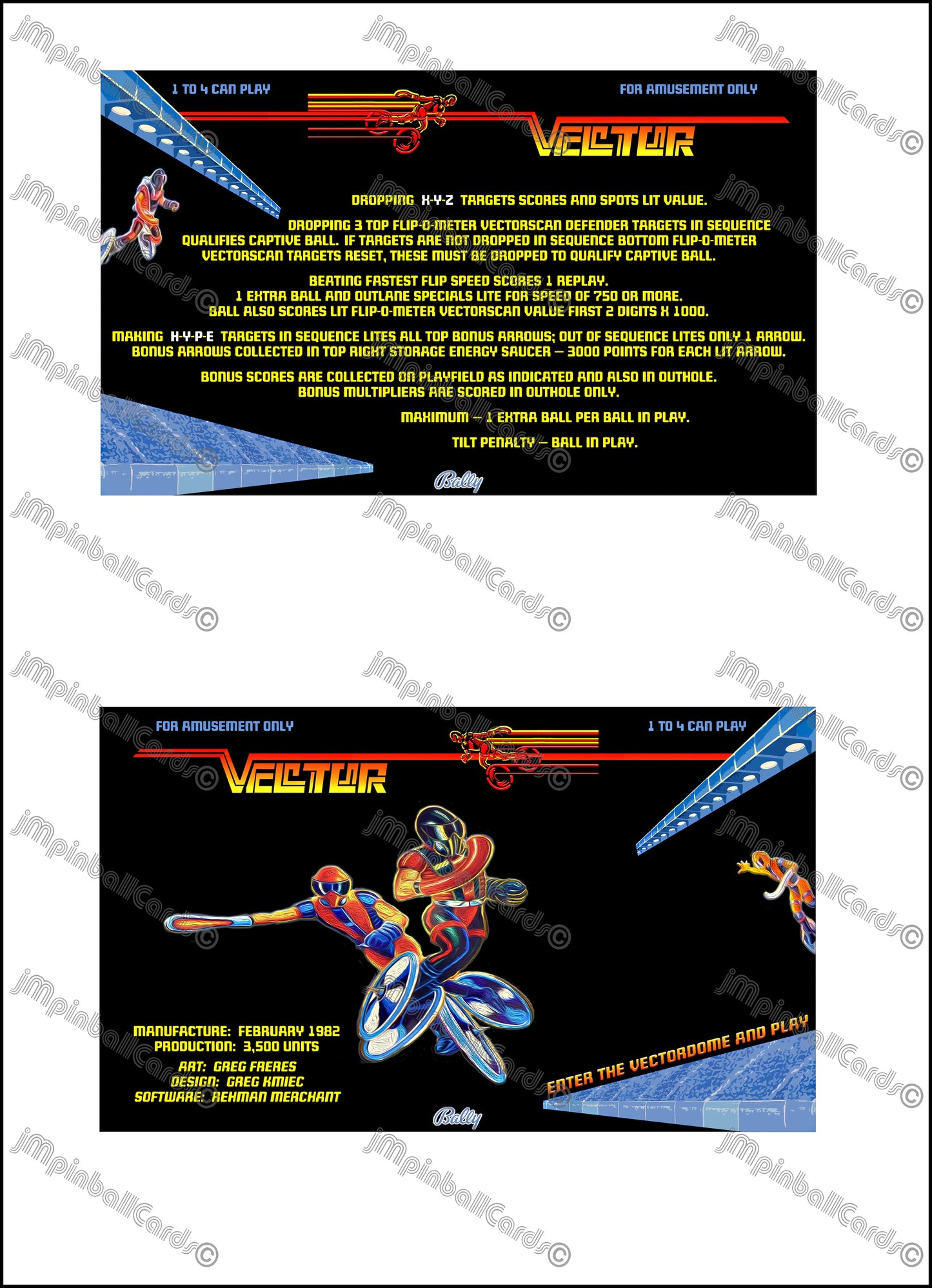 Bally Vector 1982 Jeu Cartes Instructions Flipper Custom Apron règles imprimées