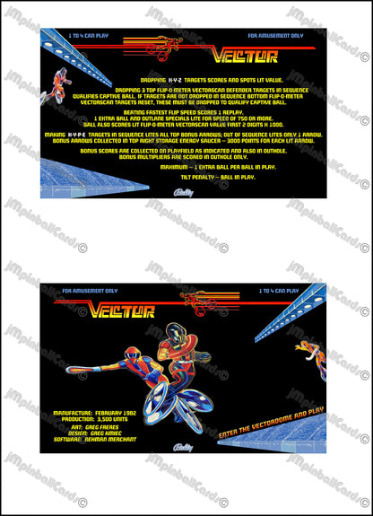Bally Vector 1982 Game Cards Instructions Pinball Machine Custom Apron Printed Rules