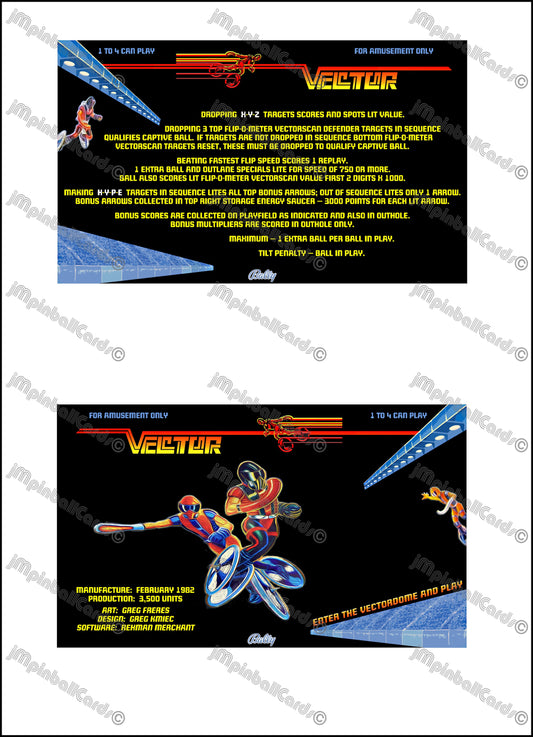 Bally Vector 1982 Jeu Cartes Instructions Flipper Custom Apron règles imprimées