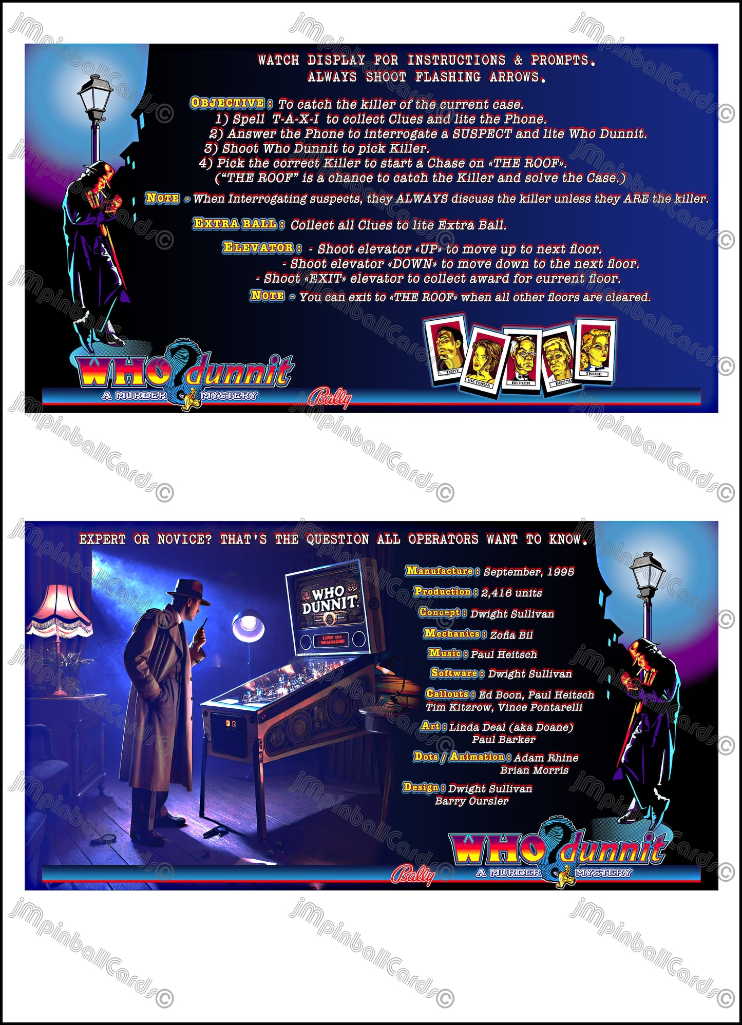 Instrucciones para tarjetas de juego Bally Who Dunnit 1995, delantal personalizado de pinball, reglas impresas