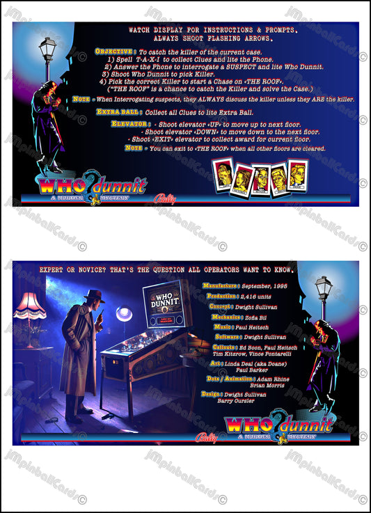 Instrucciones para tarjetas de juego Bally Who Dunnit 1995, delantal personalizado de pinball, reglas impresas