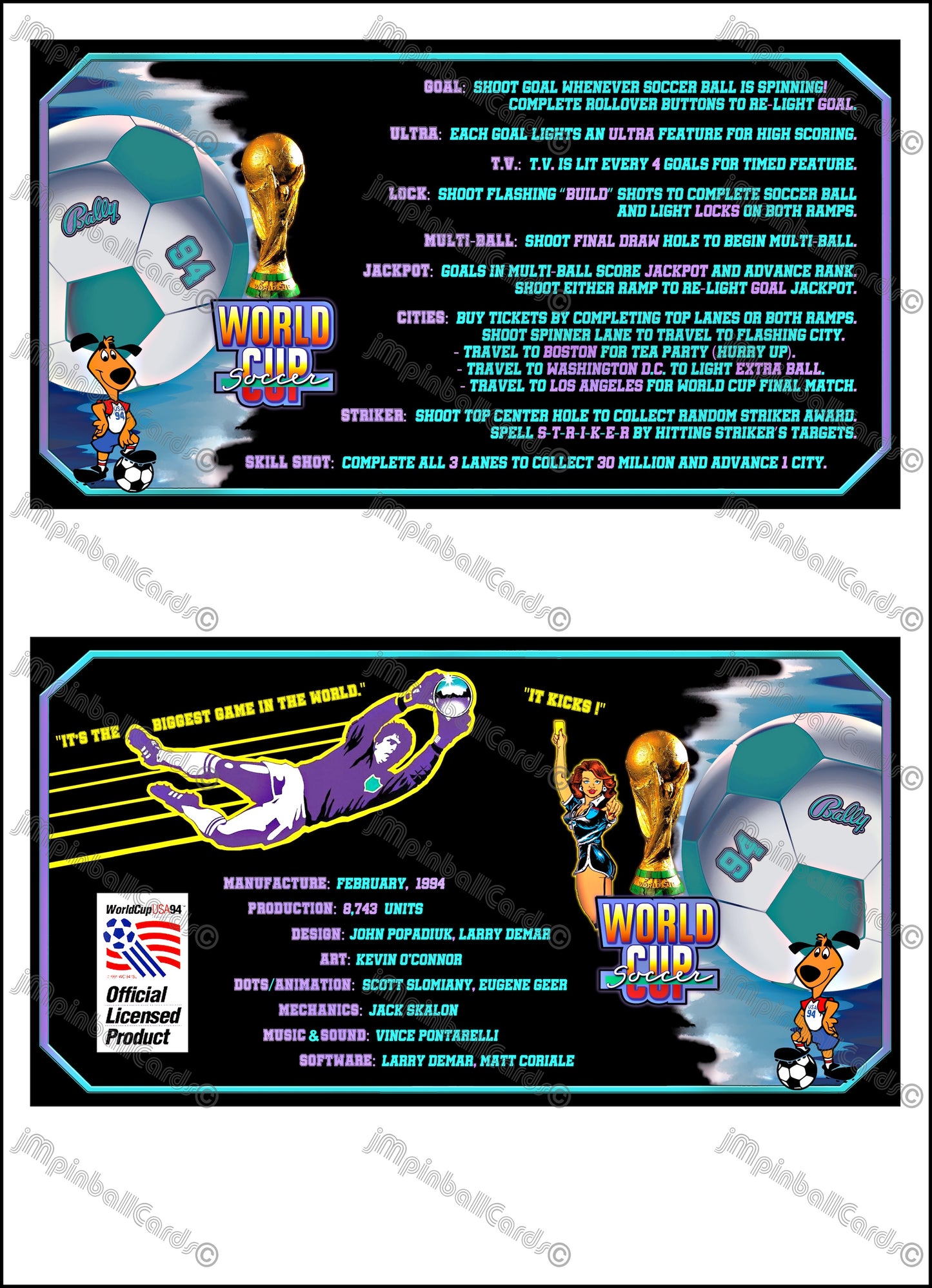 Bally World Cup Soccer USA 1994 BK Jeu Cartes Instructions Flipper Custom Apron règles imprimées