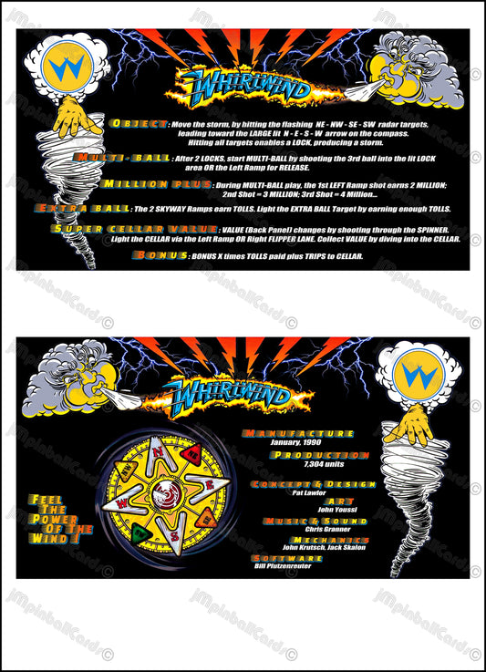 Instrucciones de las tarjetas del juego Williams Whirlwind 1990, máquina de pinball, delantal personalizado, reglas impresas BK