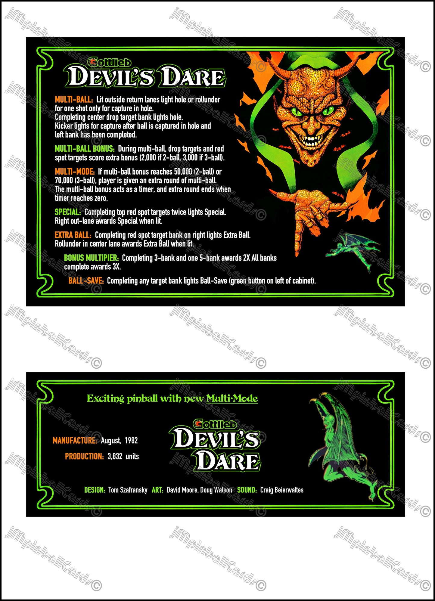 Instrucciones de las tarjetas del juego Gottlieb Devil's Dare 1982, versión Pinball 2, tarjetas de delantal de pinball con impresión personalizada
