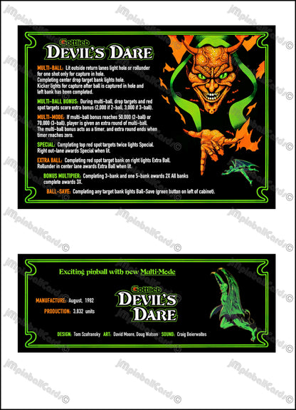 Gottlieb Devil's Dare 1982 Game Cards Instructions Pinball Custom Apron Printed Rules V2