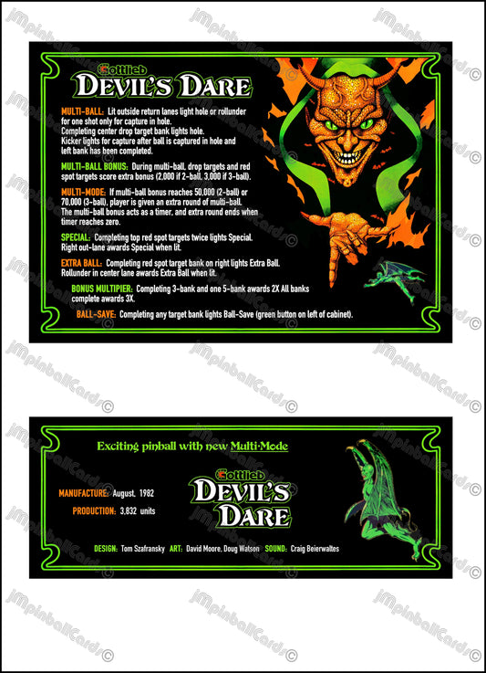 Instrucciones de las tarjetas del juego Gottlieb Devil's Dare 1982, versión Pinball 2, tarjetas de delantal de pinball con impresión personalizada