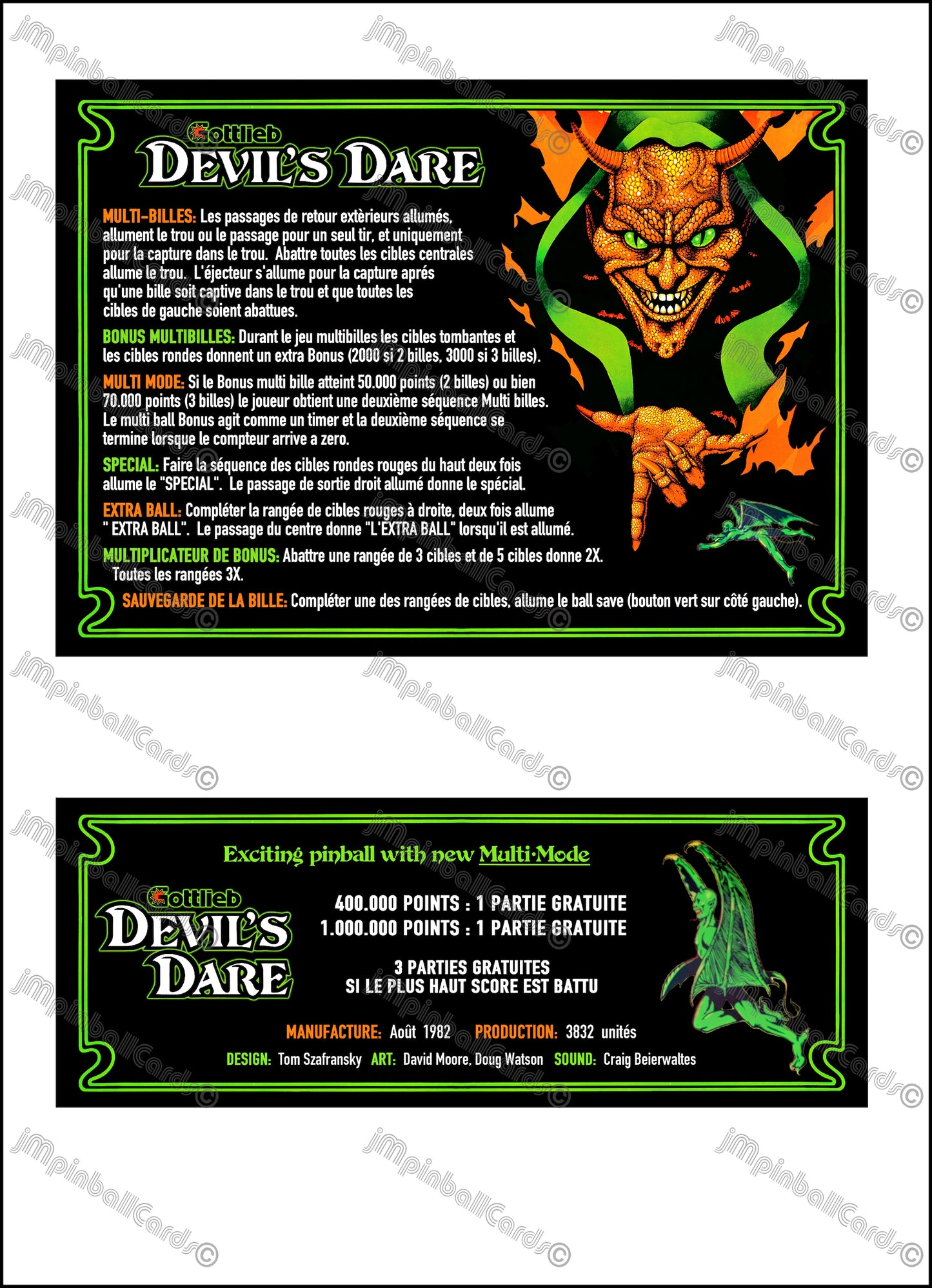 Instrucciones de las tarjetas del juego Gottlieb Devil's Dare 1982, versión Pinball 2, tarjetas de delantal de pinball con impresión personalizada