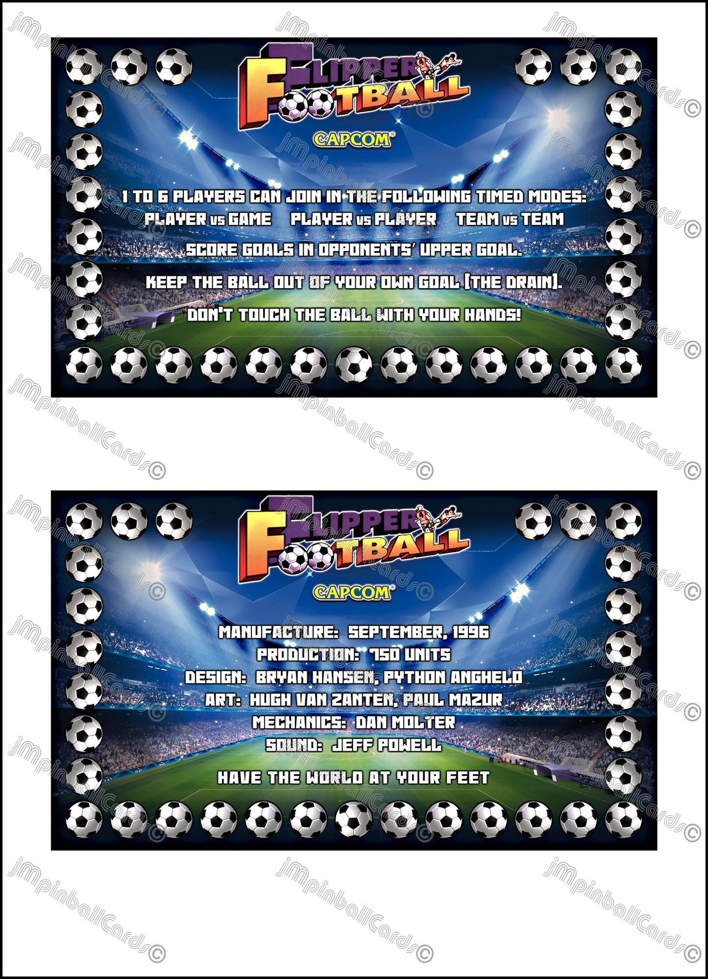 Capcom "Flipper Football" 1996 Jeu Cartes Instructions Flipper Custom Apron règles imprimées Foot