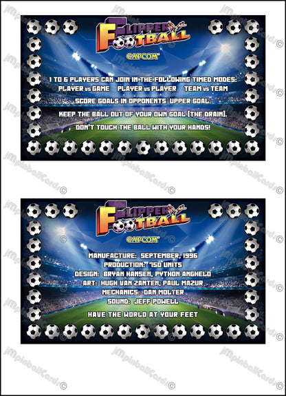 Instrucciones de las tarjetas del juego Capcom "Flipper Football" de 1996. Delantal personalizado. Reglas impresas para máquina de pinball. Fútbol.