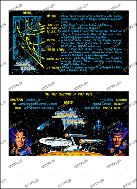 Data East STAR TREK 1991 Jeu Cartes Instructions Flipper Custom Apron règles imprimées V1