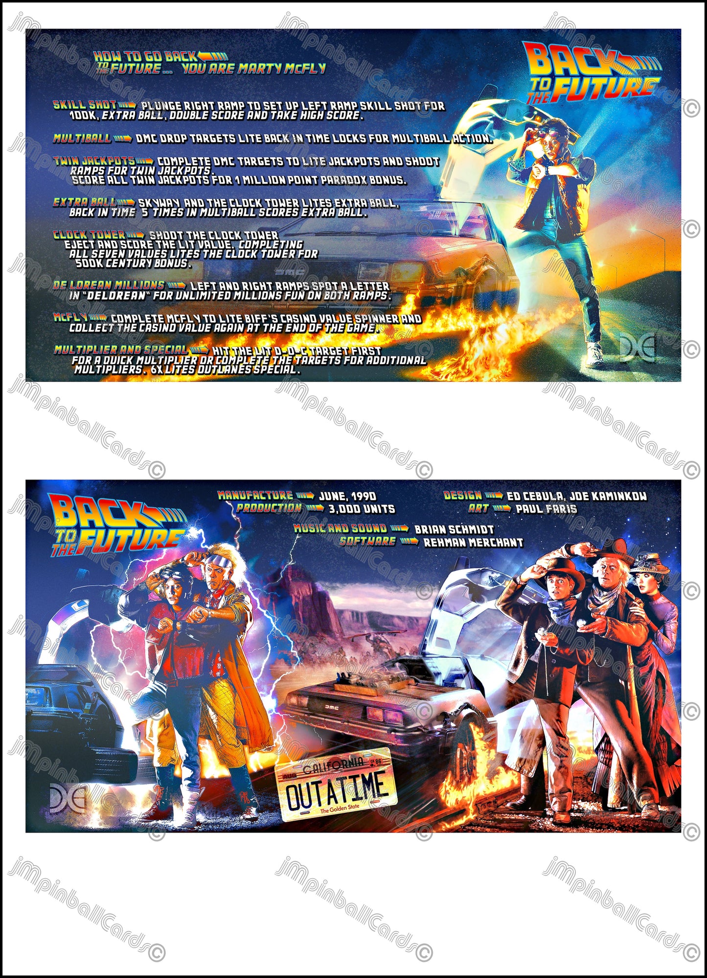 Instrucciones de las tarjetas del juego Data East Back To The Future 1990, tarjetas de pinball personalizadas con impresión de pinball.